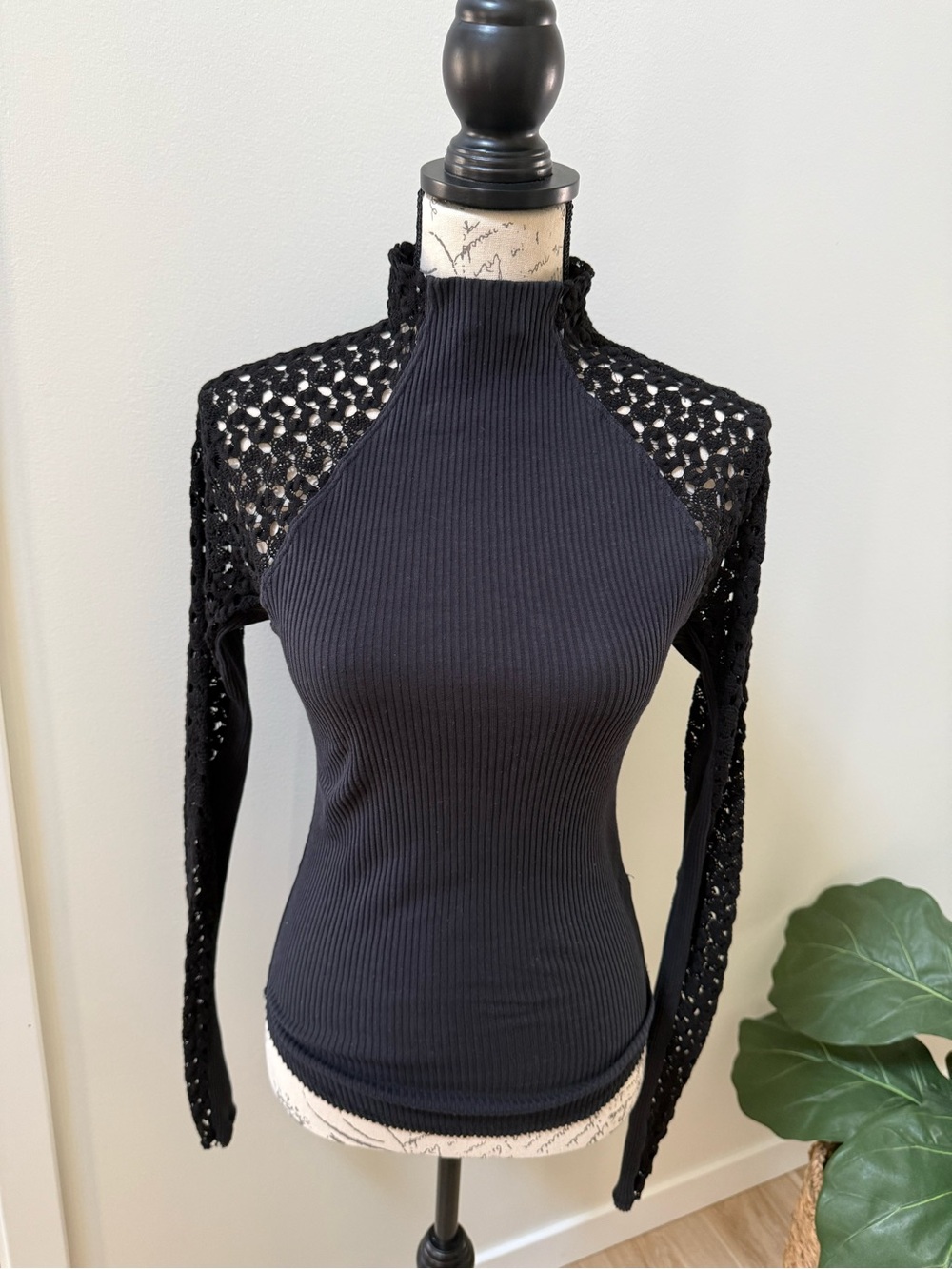 Free People Black Ribbed Mock Neck Top with Crochet Sleeves